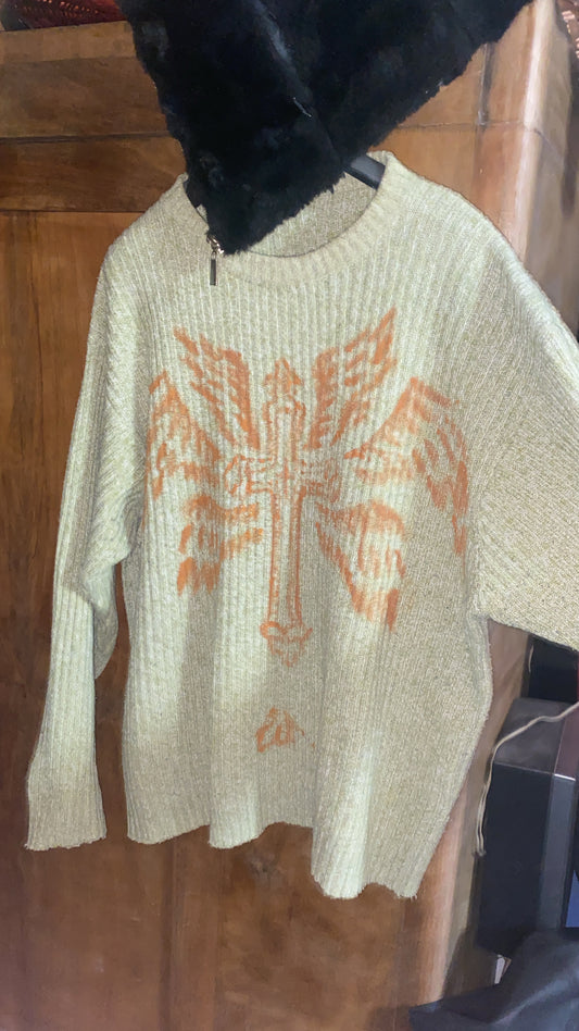 Maglione Grunge Verde Pastello con Croce e Sei Ali