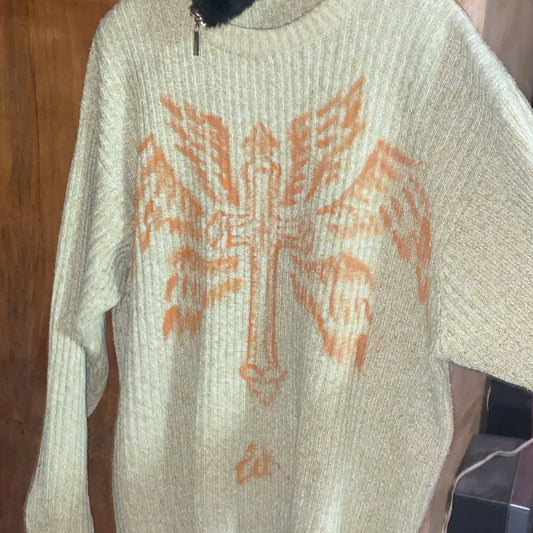 Maglione Grunge Verde Pastello con Croce e Sei Ali